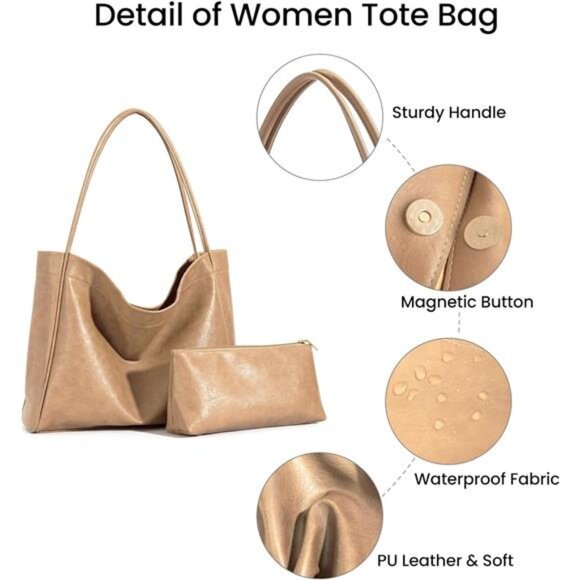 Tote Bag Beige for Women 2 Pcs Large Casual PU Weekender Bag Soft Vegan Leather - Picture 4 of 6